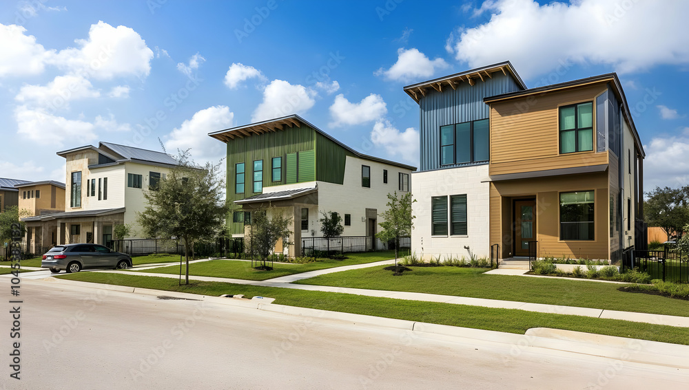 Neighbourhood Real Estate - Modern residential homes with varied architectural designs and landscaping. Neighbourhood Real Estate - Modern residential homes with varied architectural designs and landscaping.