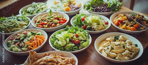 A table filled with a variety of salads and food, including a green salad with cherry tomatoes and cucumbers, a salad with walnuts and tomatoes, and a salad with chicken.