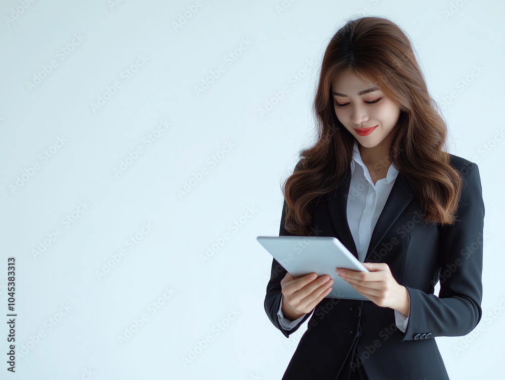 Confident Businesswoman Using Digital Tablet in Modern Office Setting Confident Businesswoman Using Digital Tablet in Modern Office Setting