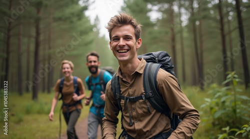 Three friends are smiling as they hike through a lush green forest. The sunlight filters through the trees, creating a warm and inviting atmosphere during their adventure.