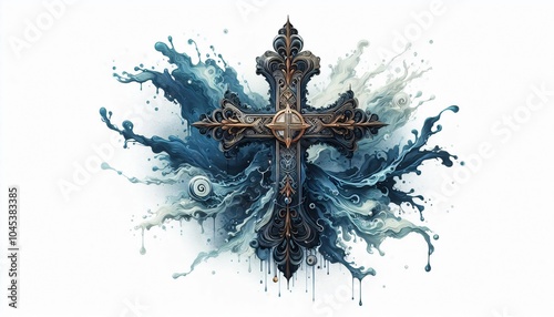 Cross with intricate designs, submerged in water, dynamic splash, dark blue background in watercolor illustration photo