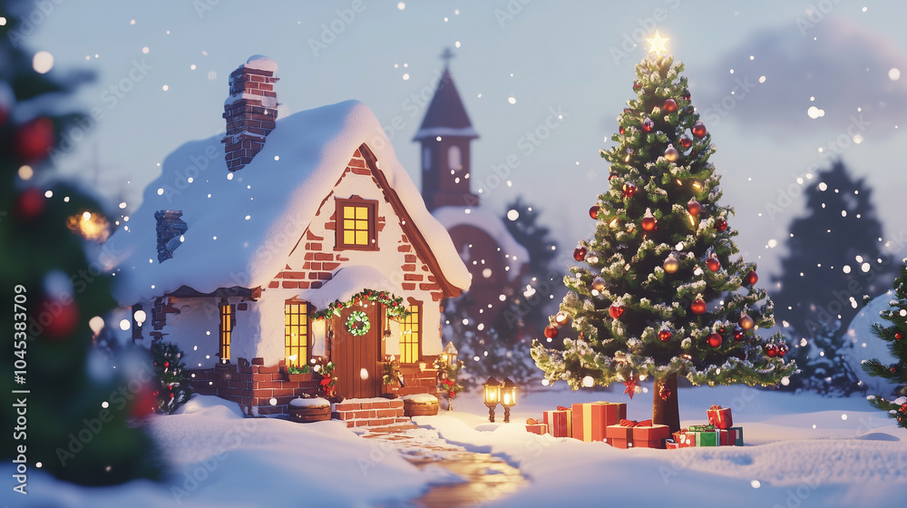 Fototapeta premium A simple and clean Christmas scene with a snow-covered cottage