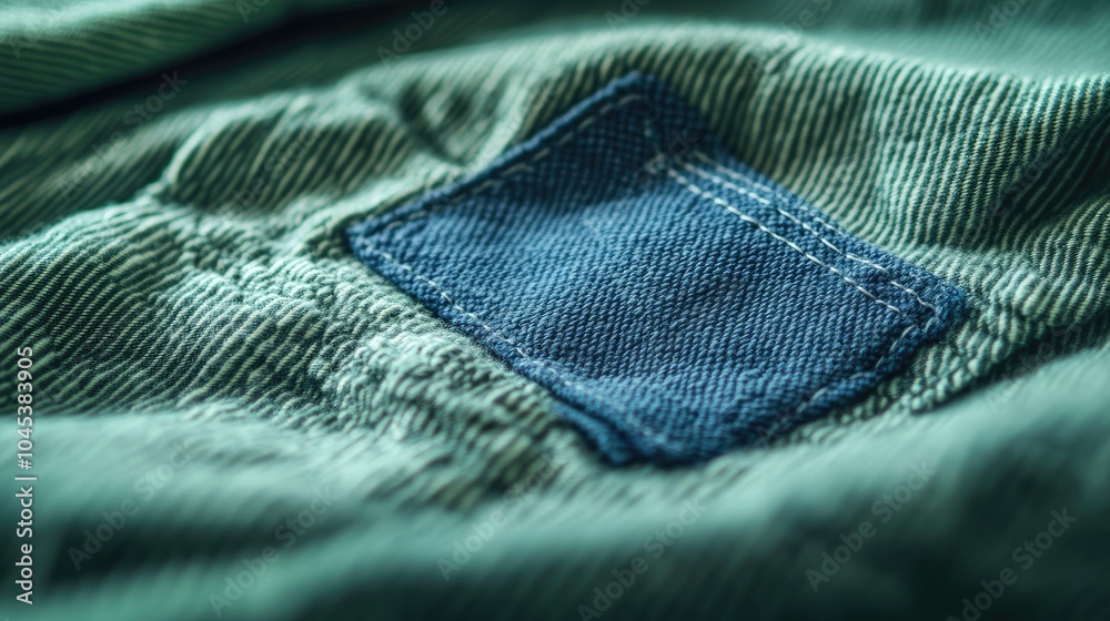 Blank blue laundry care label attached to green shirt fabric with stitching and texture in focus Blank blue laundry care label attached to green shirt fabric with stitching and texture in focus