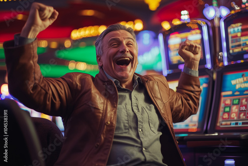 Portrait of old man winning jackpot in casino with slot machine, Selective focus celebrate senior man hit jackpot in arcade gambling game.