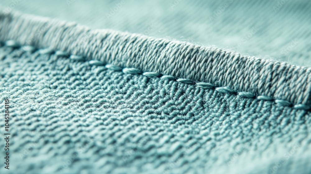 Blank blue laundry care label sewn into soft green fabric with a close-up of the texture and stitching Blank blue laundry care label sewn into soft green fabric with a close-up of the texture and stitching