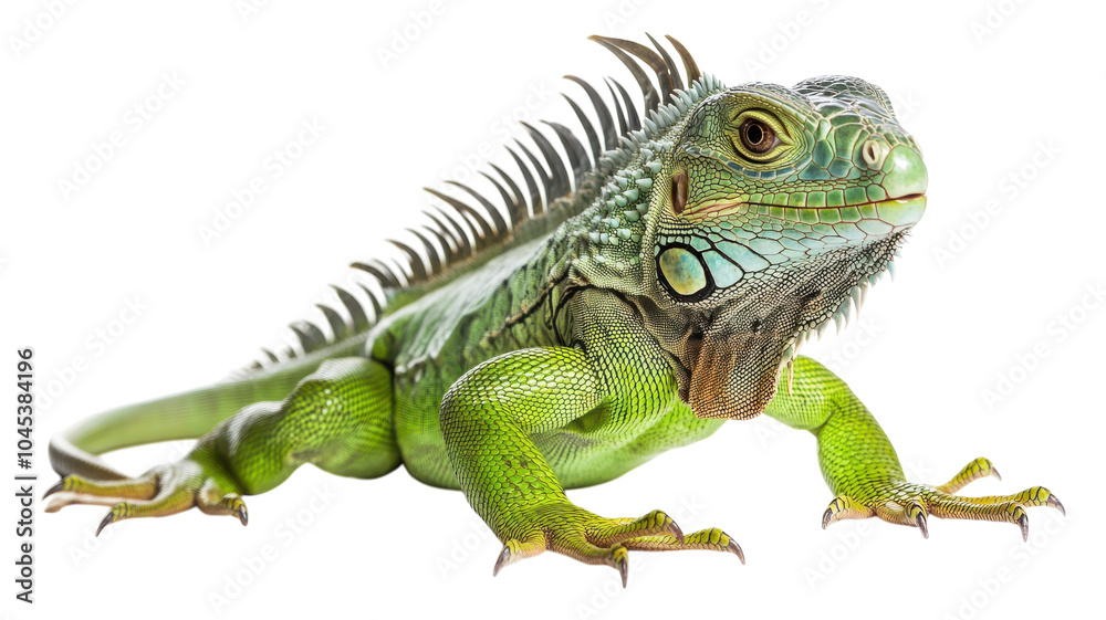Obraz premium A vibrant green iguana basking under bright light, showcasing its unique features and colors while resting on a textured surface.