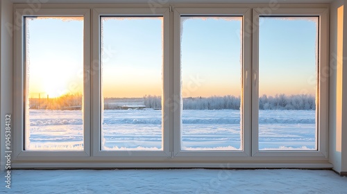 Stunning winter sunset through frosted windows capturing the tranquil beauty of a snowy landscape at dusk