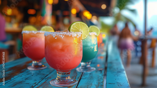 Colorful Frozen Margaritas with Salty Edges and Lime Wedges photo