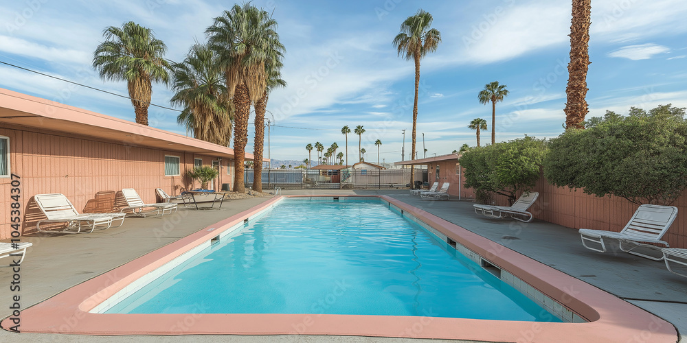 Fototapeta premium Empty swimming pool surrounded by palm trees in a motel