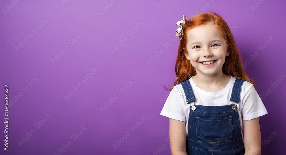 redhead kid girl purple background wearing plain white tshirt smiling happy portrait redhead kid girl purple background wearing plain white tshirt smiling happy portrait