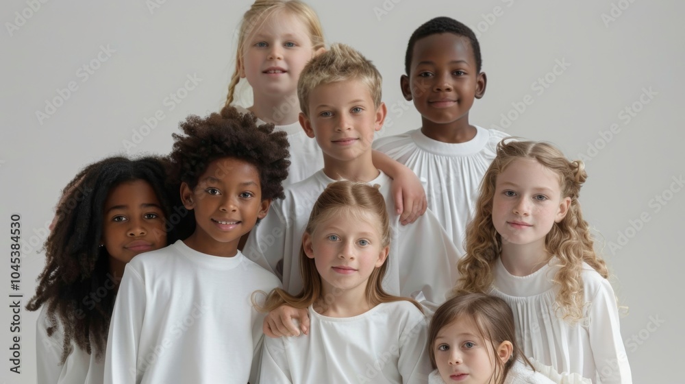 Group of diverse children wearing white clothing, looking at the camera. Group of diverse children wearing white clothing, looking at the camera.