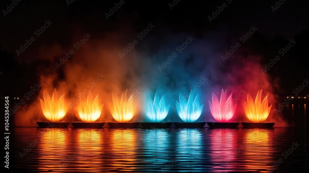 Vibrant colored fountains illuminated at night, creating a stunning display of water and light reflecting on the water surface.