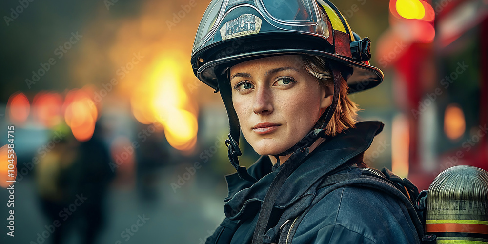 Young confident female firefighter is posing with a firetruck in the background Young confident female firefighter is posing with a firetruck in the background