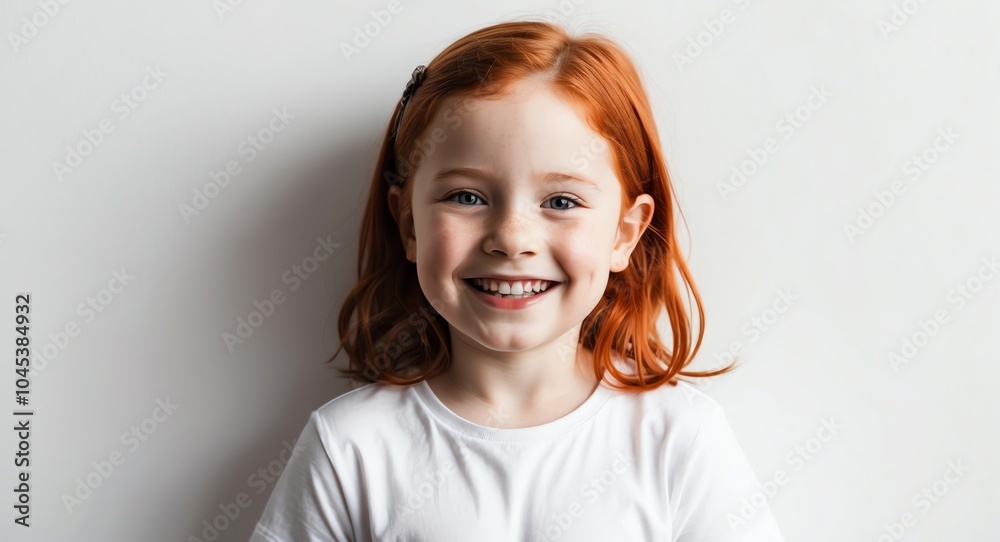 redhead kid girl white background wearing plain white tshirt smiling happy portrait redhead kid girl white background wearing plain white tshirt smiling happy portrait