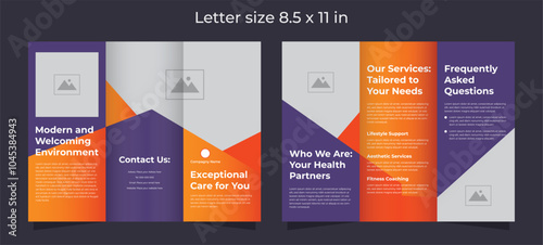 Trifold brochure template for medical care in orange and purple colors