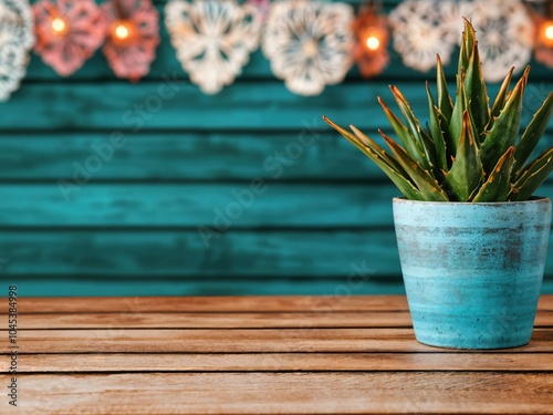 Aloe plant in a rustic turquoise pot on a wooden table with decorative papel picado and lights in the background. Mexican decor and celebration concept