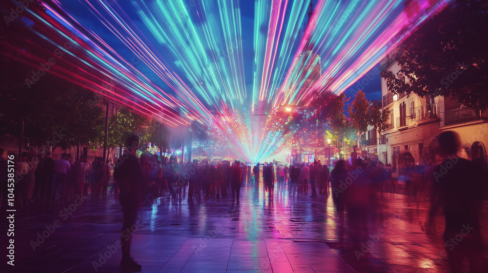 Festival de la Luz, huge light art installations decorate the city center, bright colorful rays dance in the air, crowds are mesmerized by the dance of light in the night sky, Ai generated images Festival de la Luz, huge light art installations decorate the city center, bright colorful rays dance in the air, crowds are mesmerized by the dance of light in the night sky, Ai generated images