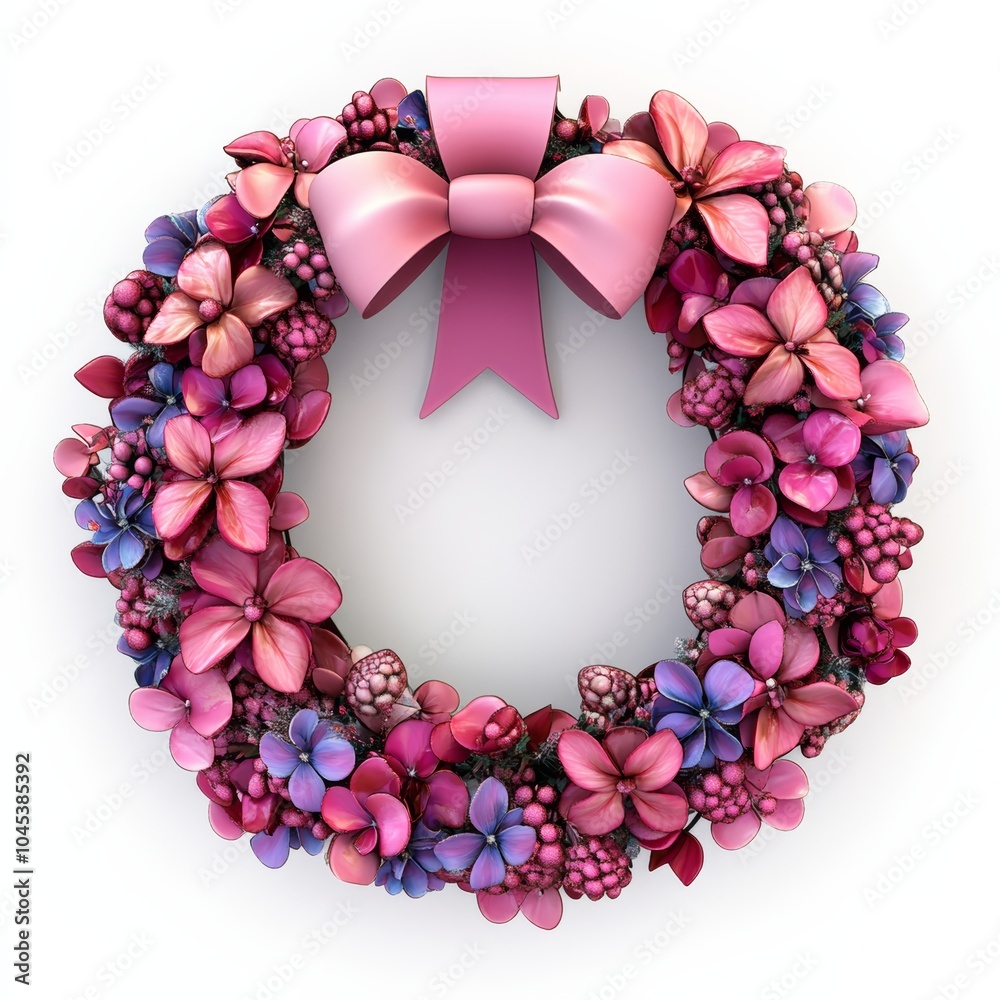 Obraz premium A detailed 3D icon of a pink Christmas wreath, showcasing vibrant flowers and ribbons, isolated against a soft white background