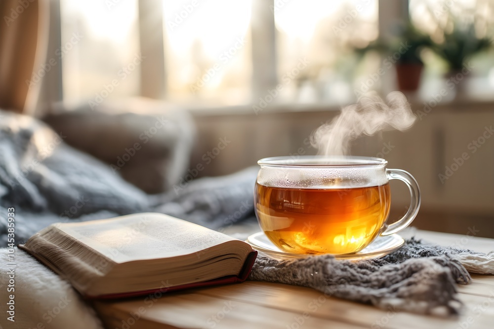 a cup of hot herbal tea and book on wooden table a cup of hot herbal tea and book on wooden table
