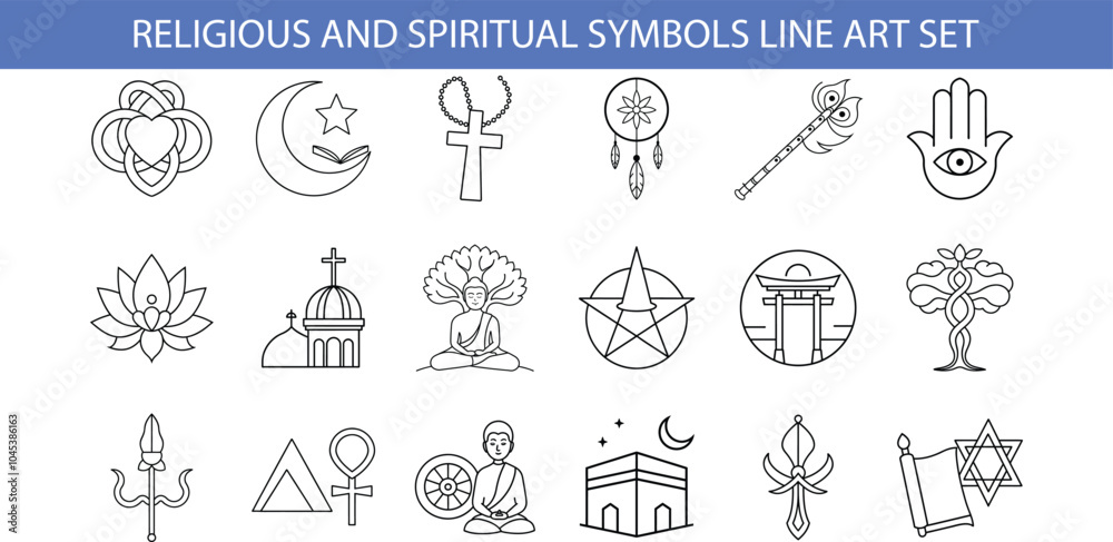 A collection of black and white line art icons depicting religious and spiritual symbols, including the crescent moon, a cross, a lotus flower, a tree of life, and more. A collection of black and white line art icons depicting religious and spiritual symbols, including the crescent moon, a cross, a lotus flower, a tree of life, and more.