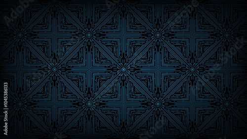 Seamless geometric pattern in dark tones with intricate, symmetrical line work. Featuring blue highlights on a black background, this abstract design offers a modern, futuristic aesthetic. 