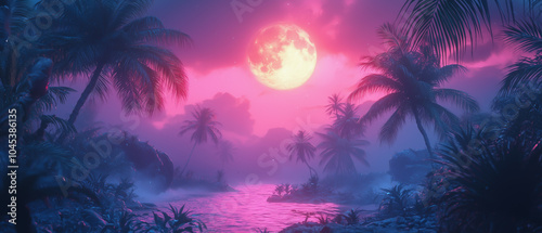 A futuristic jungle with neon-colored plants and wildlife, glowing under an alien moon.