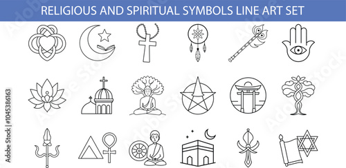 A collection of  black and white line art icons depicting religious and spiritual symbols, including the crescent moon, a cross, a lotus flower, a tree of life, and more.