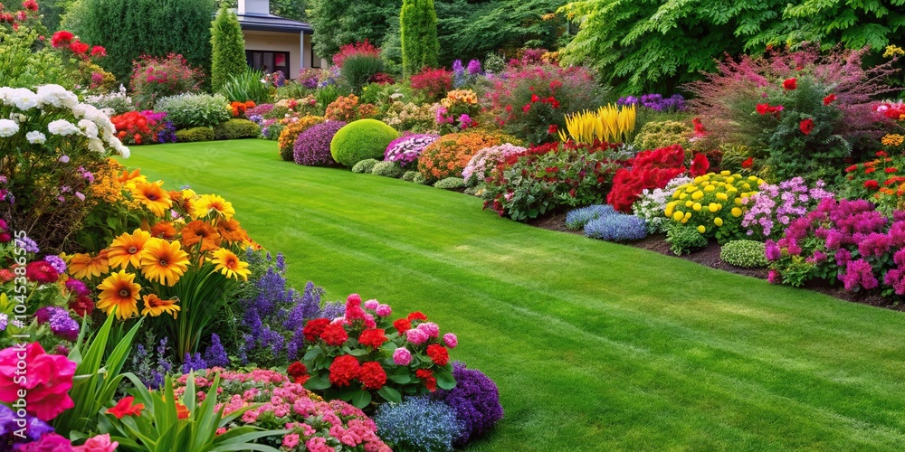 Obraz premium A beautifully manicured lawn edged with a colorful array of annuals and perennials including petunias, geraniums, and daylilies, floral arrangement, gardening, colorful flowers