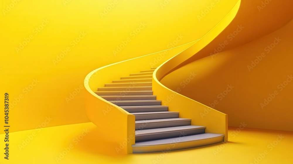 Obraz premium Continuous Improvement Depicted as a Spiral Staircase in a Bright Yellow Environment
