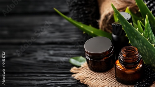 Aloe vera plant with essential oil bottles and cream jar on rustic wooden surface.