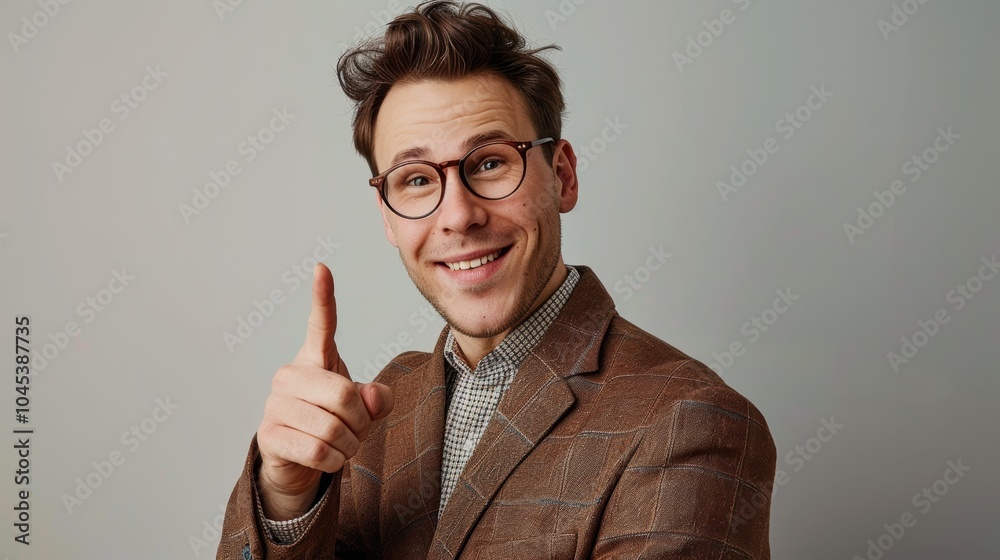 an attractive man in his late thirties wearing glasses and a brown suit pointing at the camera with one finger, smiling softly against a light grey background. an attractive man in his late thirties wearing glasses and a brown suit pointing at the camera with one finger, smiling softly against a light grey background.