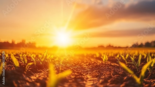 Radiant sunrise over new green crops symbolizing renewal and growth in agricultural landscape #1045387921