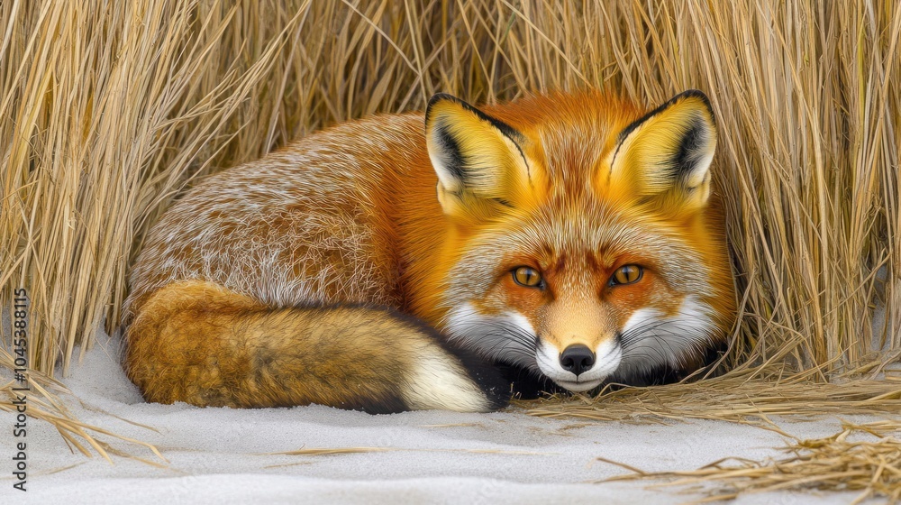 Fototapeta premium A red fox with a bushy tail peeks out from behind tall grass.