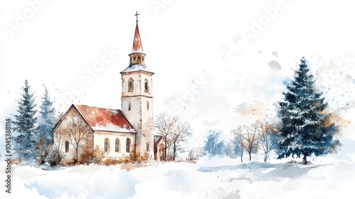 A serene winter landscape featuring a charming church surrounded by snowy trees and soft snowfall, creating a peaceful atmosphere.