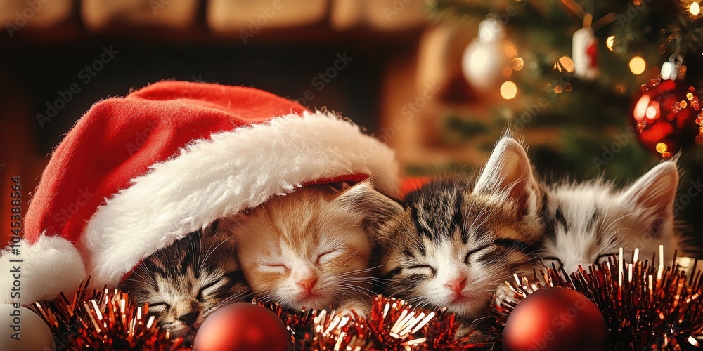 Obraz premium Four adorable kittens sleeping peacefully under a cozy red Santa hat beside a decorated Christmas tree during the holiday season