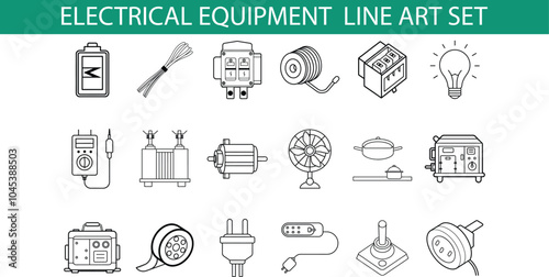 A set of 18 line art illustrations depicting various electrical equipment, including a battery, wires, a meter, a coil, a switch, a lightbulb, a fan, a plug, and more.