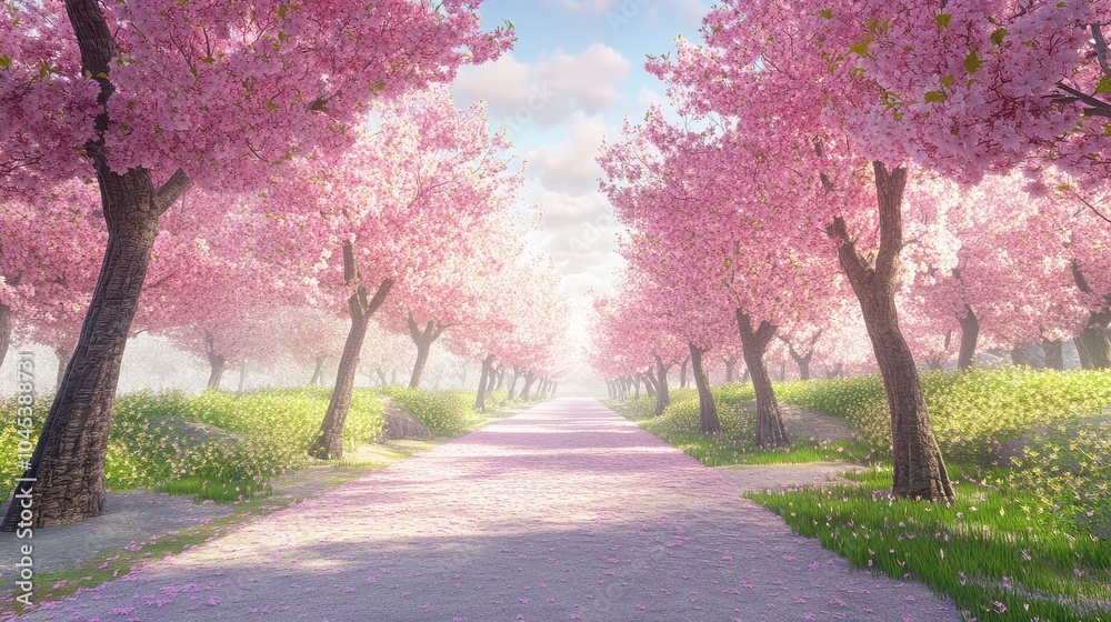 Naklejka premium Serene pathway lined with blooming cherry blossom trees, creating a picturesque and dreamlike landscape in soft pastel colors.