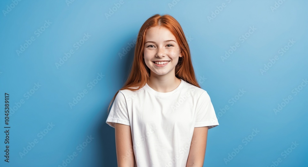 redhead teen girl blue background wearing plain white tshirt smiling happy portrait redhead teen girl blue background wearing plain white tshirt smiling happy portrait