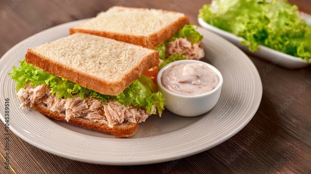 Homemade tuna sandwich with lettuce on a plate. Mayonnaise sauce in small bowl. Homemade tuna sandwich with lettuce on a plate. Mayonnaise sauce in small bowl.