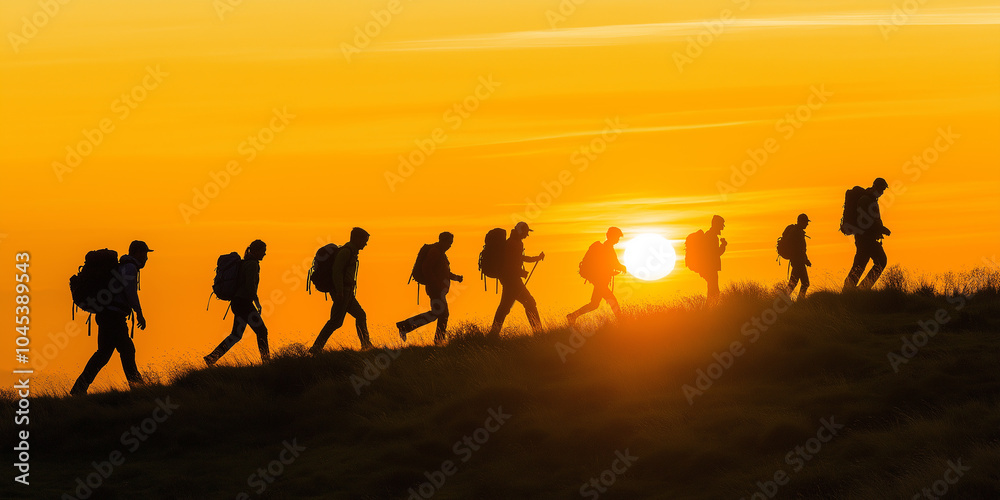 Group of hikers walking on mountain ridge at sunset time Group of hikers walking on mountain ridge at sunset time