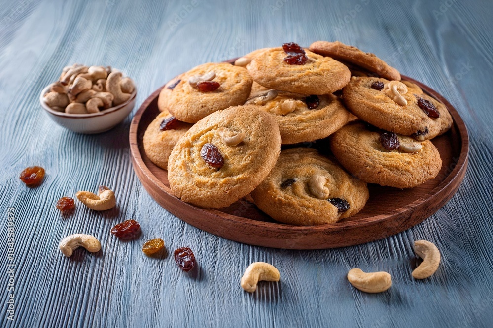Biscuits with cashew nuts and raisins on a plate. Biscuits with cashew nuts and raisins on a plate.
