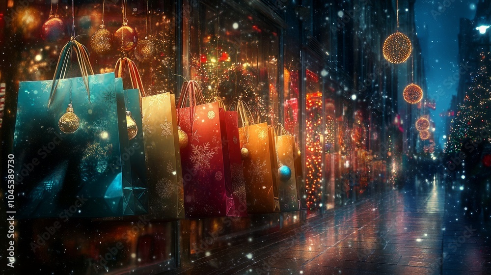 Obraz premium Vibrant Christmas shopping bags displayed with ornaments and twinkling lights, perfect for seasonal promotions