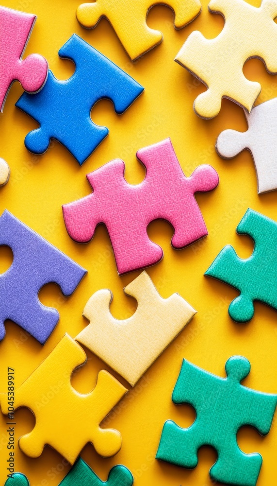 Fototapeta premium Colorful Puzzle Pieces on Yellow Background Concept of Problem Solving, Teamwork, and Collaboration