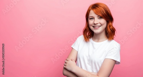 redhead teen girl pink background wearing plain white tshirt smiling happy portrait