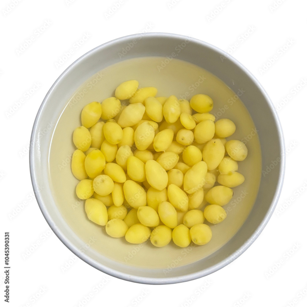 Top view of ginkgo seeds in syrup in white ceramic bowl isolated on white background with clipping path. Top view of ginkgo seeds in syrup in white ceramic bowl isolated on white background with clipping path.