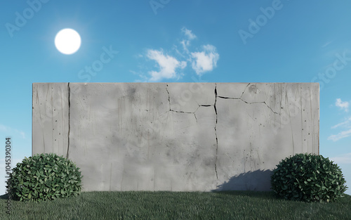 Cracked concrete wall  green bushes  blue sky  minimalist  modern  empty space  architectural  design  background    photo