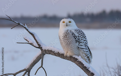 Snowy owl perched on a snow-covered branch  white and black  winter wildlife photography   