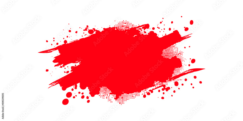 Red Grunge Frame With ink spatters, Halftone Pattern and Grungy background, Sale banner, Offer Button and Frame Mockup,  paintbrush, splash, spray, ink splatter and paint marks. artistic graphic box, 