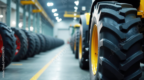 Close-Up of Deep-Treaded Tire on Tractor in Indoor Facility with Background of Industrial Machinery