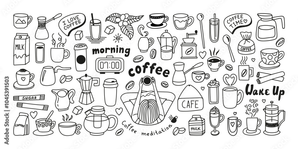 Hand drawn tea, coffee doodle set with milk, cups, kettle, coffee maker, turk, utensils and girl Hand drawn tea, coffee doodle set with milk, cups, kettle, coffee maker, turk, utensils and girl